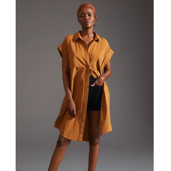 Anthropologie Dresses & Skirts - Anthropologie Maeve Side-Slit Cotton Collared Tunic Dress Mustard Yellow L
